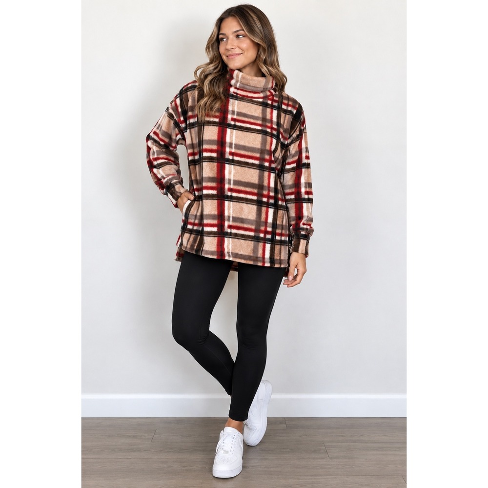 Cuddl Duds Plaid Fleece Turtleneck Tunic Top Tan Red Gorpcore Minimalist Medium